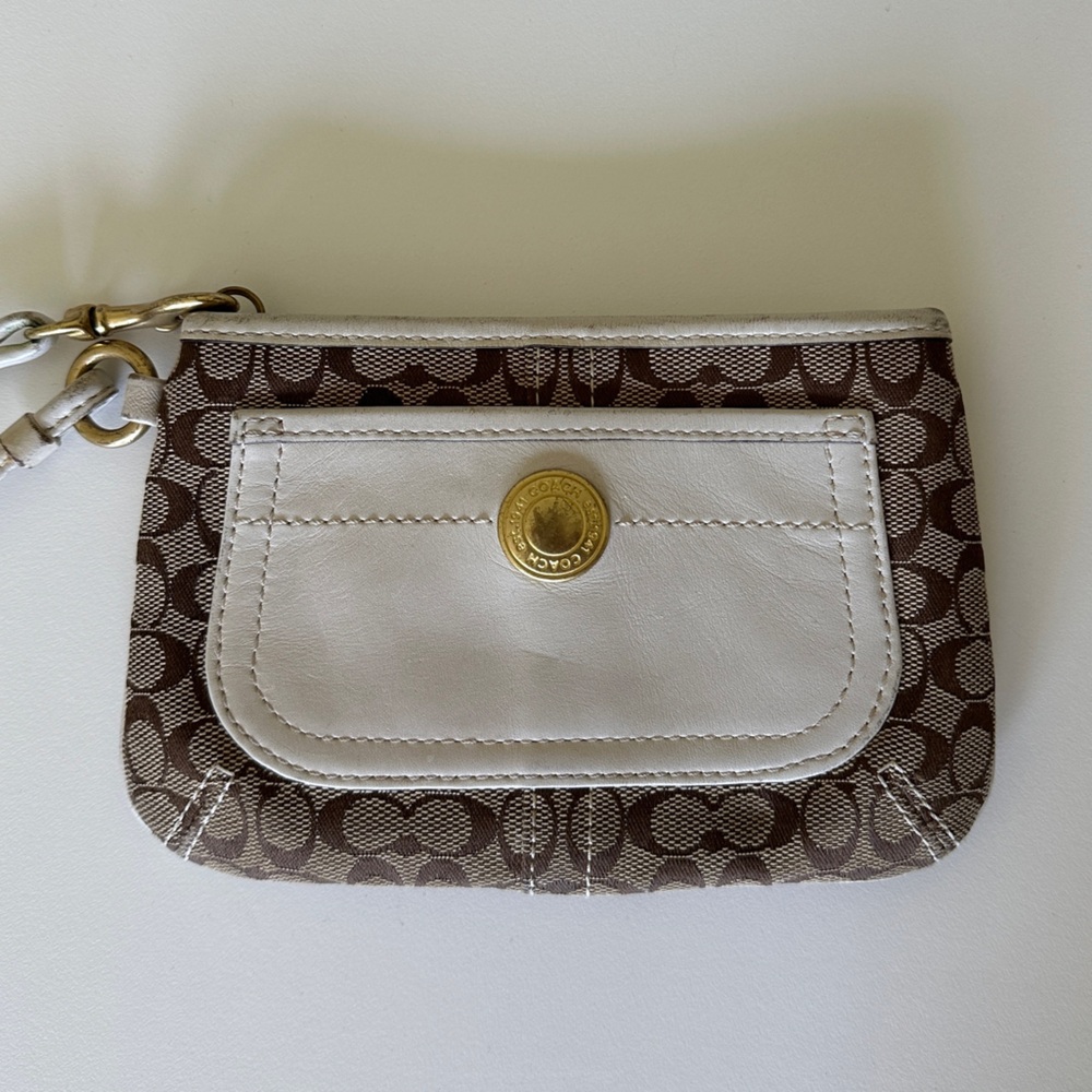 Coach Brown Signature Canvas and White Leather Wristlet